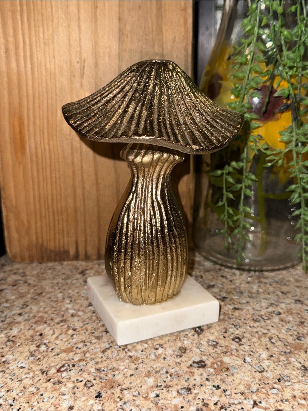 Gold-Tone Metal Mushroom Sculpture on White Marble Base